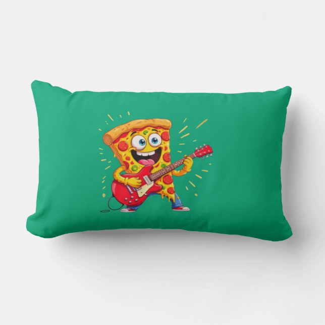 **Rock ’n’ Roll Pizza – Funny Guitar-Playing Slice Lumbar Pillow (Front)