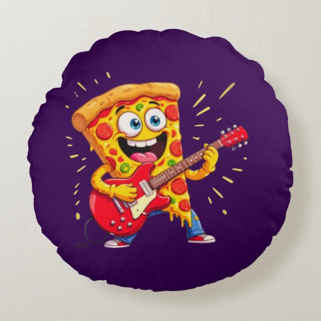 **Rock ’n’ Roll Pizza – Funny Guitar-Playing Slice Round Pillow (Front)
