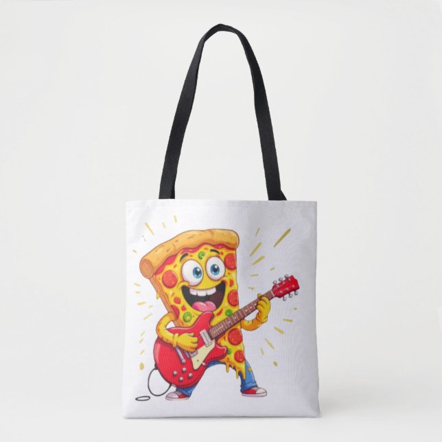**Rock ’n’ Roll Pizza – Funny Guitar-Playing Slice Tote Bag (Front)
