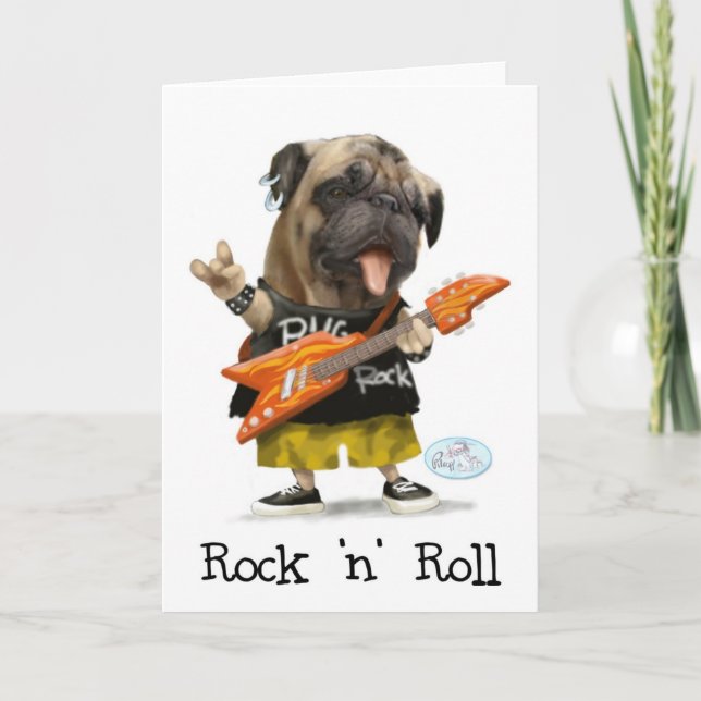 Rock N Roll Pug Greeting Cards (Front)