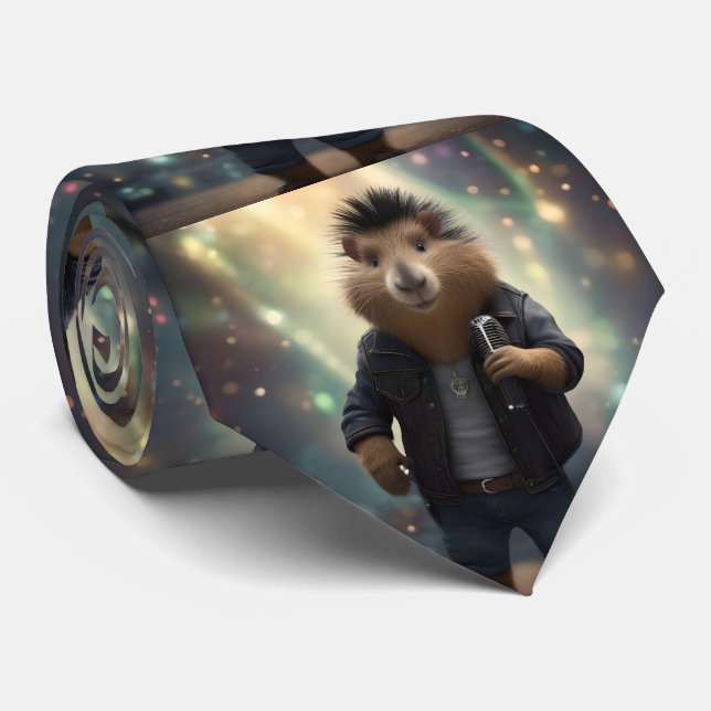 "Rock 'n' Roll Rodent: The Mohawk Capybara Rocksta Neck Tie (Rolled)