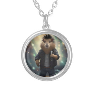 "Rock 'n' Roll Rodent: The Mohawk Capybara Rocksta Silver Plated Necklace