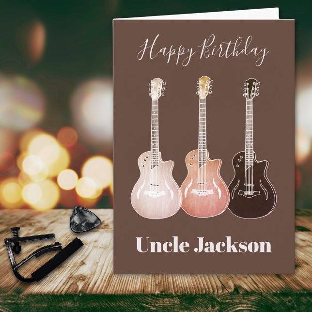 Rock n Roll Rustic Guitars Rockstar Uncle Card (Happy birthday uncle custom rustic guitar music themed brown birthday greetings card)