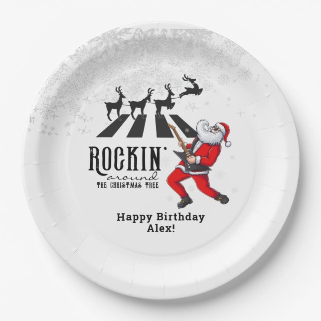 Rock N Roll Santa Rockin' Birthday Christmas Party Paper Plates (Front)