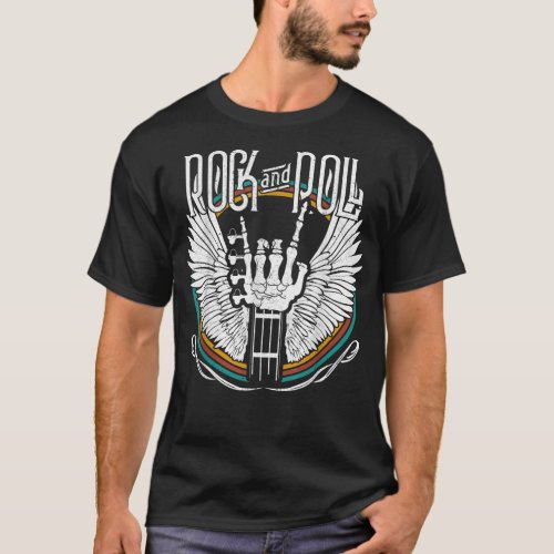 Rock N Roll Skeleton Guitar Wing Heavy Metal Music T_Shirt