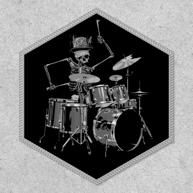 Rock N Roll Skull Drummer Iron On Velcro Patch (Front)