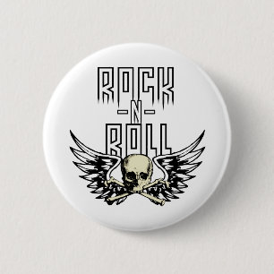 Rock n Roll Skull With Wings Button
