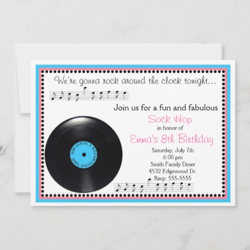 Rock N Roll Sock Hop 1950's Birthday Invitation