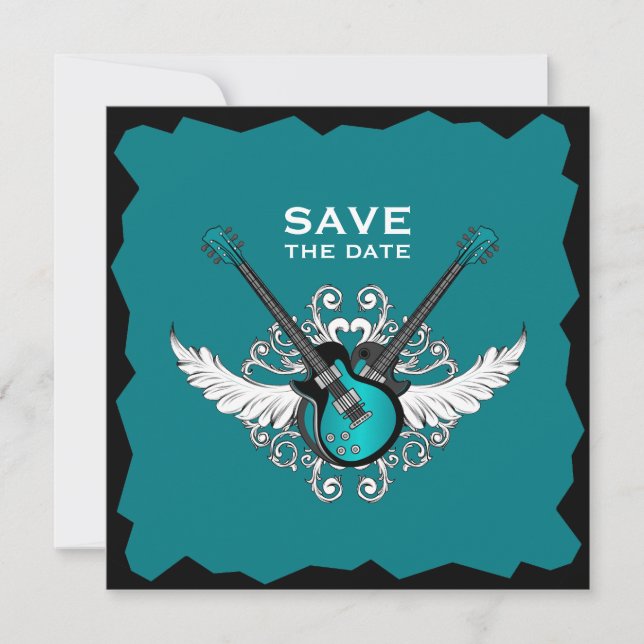 Rock 'n' Roll Wedding Save the Date Black Teal Invitation (Front)