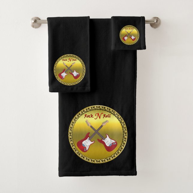 Rock N roll with electric guitars black Bath Towel Set (Insitu)