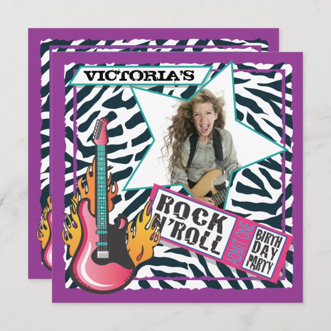 Rock N'Roll Rock Star Birthday Party Invitations (Front/Back)