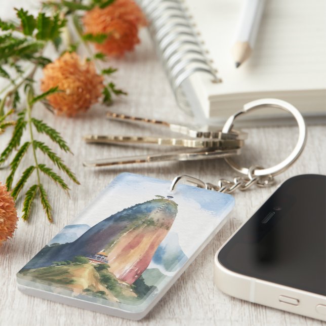Rock of Guatape El Penon Colombia Watercolor Keychain (Front Right)