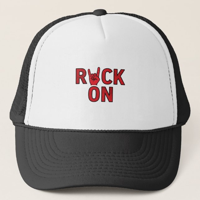 Rock On – Bold Red Typography Music Design Trucker Hat (Front)