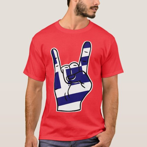 Rock On Greece Greek Flag Rock Hand T_Shirt