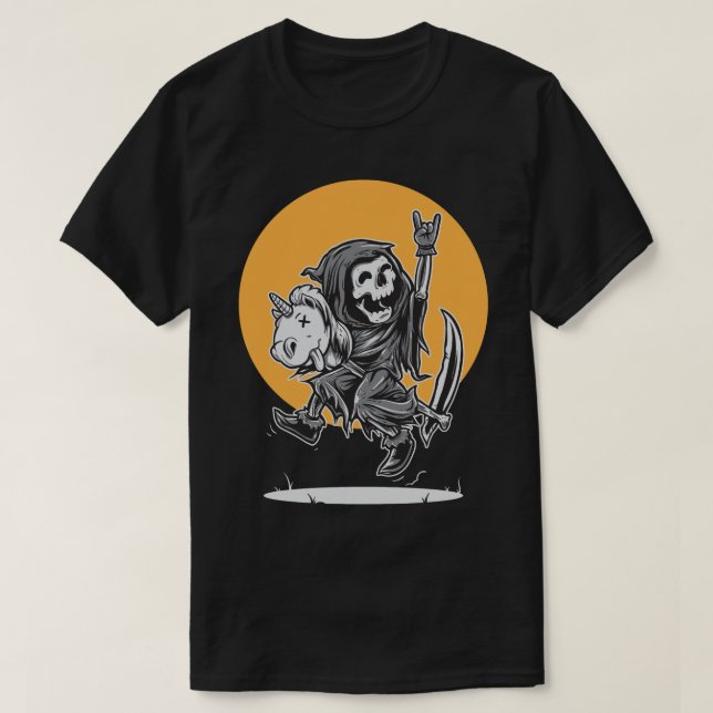 Rock On Grim Reaper's Unicorn Ride T-Shirt (Design Front)
