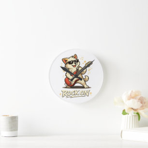 Rock On Guitar Dog Funny Rock Music Round Clock