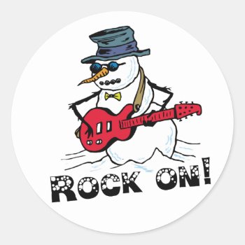 Rock On Guitar Playing Snowman Classic Round Sticker by christmasgiftshop at Zazzle