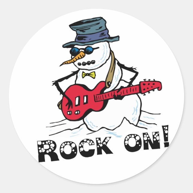 Rock On Guitar Playing Snowman Classic Round Sticker (Front)