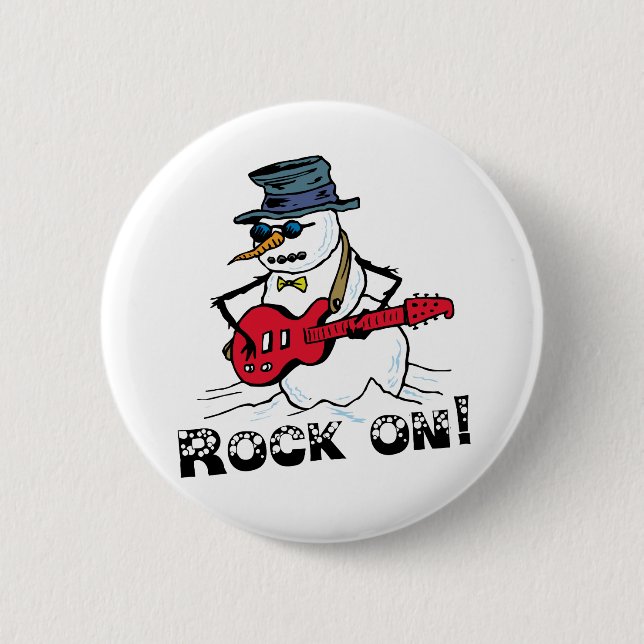 Rock On Guitar Playing Snowman Pinback Button (Front)
