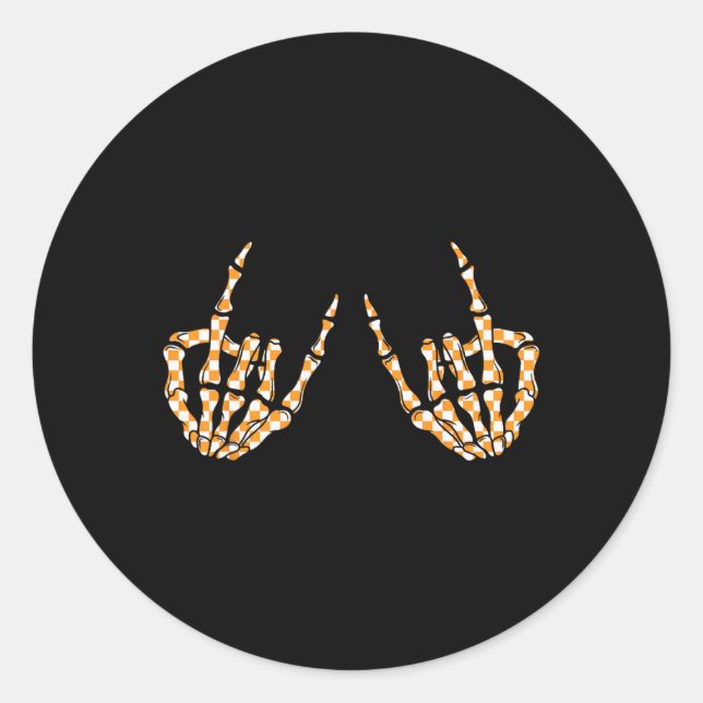 Rock On Halloween Checkered Pattern Skeleton Hand  Classic Round Sticker (Front)