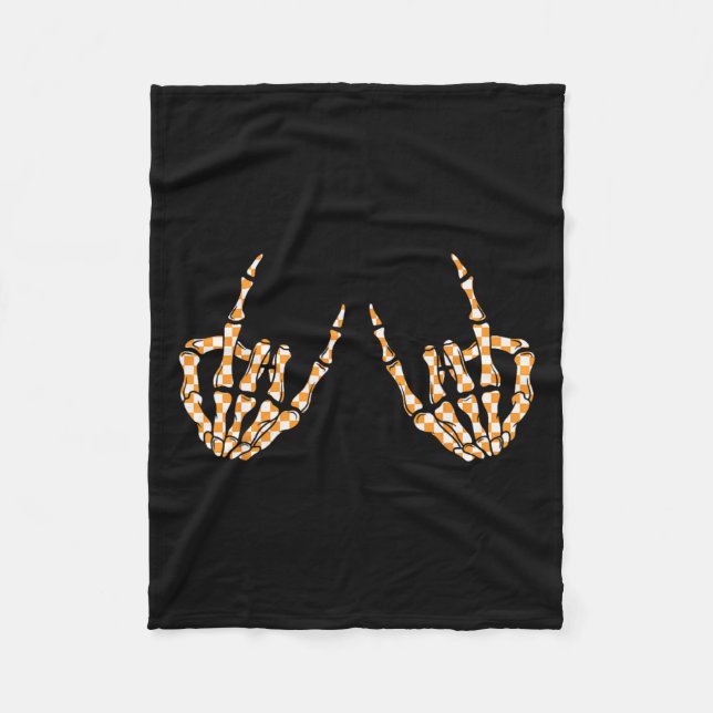 Rock On Halloween Checkered Pattern Skeleton Hand  Fleece Blanket (Front)