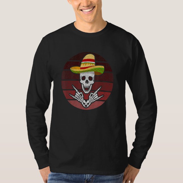 Rock On Mexican Skeleton Sombrero Dia De Los Muert T-Shirt (Front)