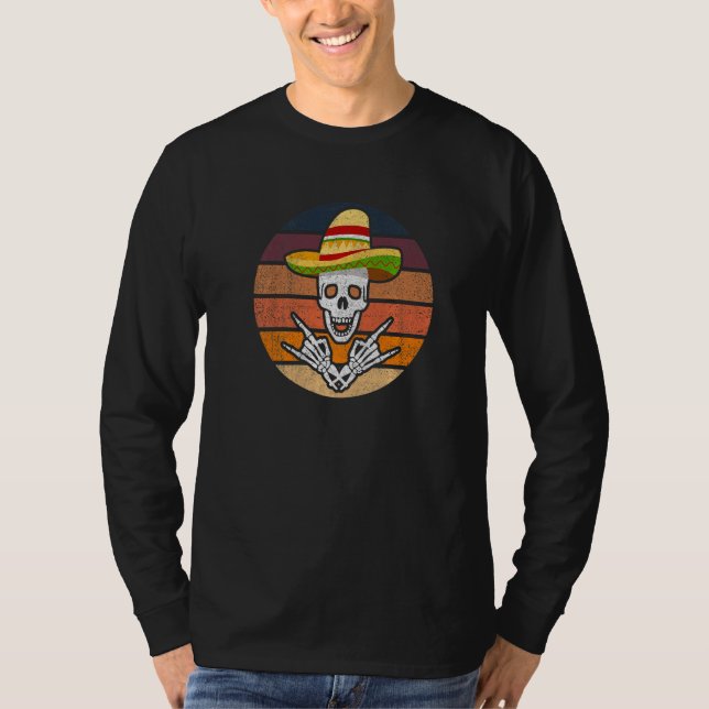 Rock On Mexican Skeleton Sombrero Dia De Los Muert T-Shirt (Front)