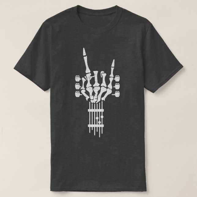 Rock On Skeleton Guitar Neck Guitarist Rock & Roll T-Shirt (Design Front)