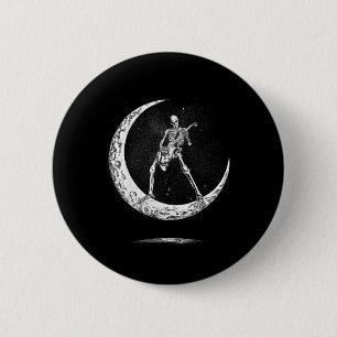 Rock On Skeleton Moon Rock And Roll Funny Hallowee Button