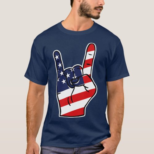 Rock On USA American Flag Rock Hand T_Shirt