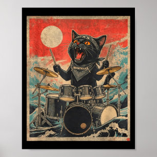 Rock On Vintage Drummer Cat Cool Band Style Gift  Poster