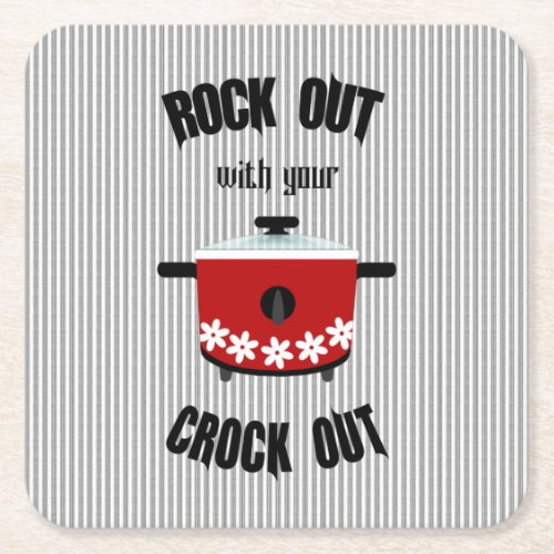 Rock Out with your Crock Out Red Black Stripe Square Paper Coaster