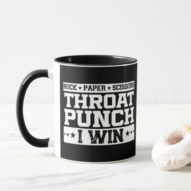 Rock Paper Scissors Throat Punch I Win Humor Quote Mug (With Donut)
