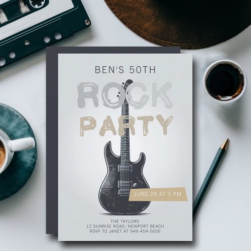 Rock Party Electric Guitar Adult Black Birthday Invitation