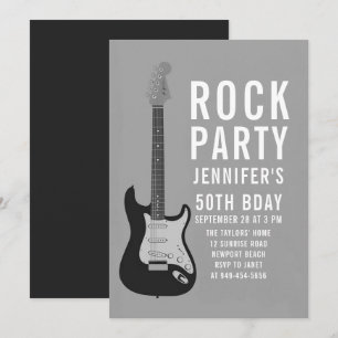 Rock Party Guitar BW Adult Modern Fun Birthday Invitation