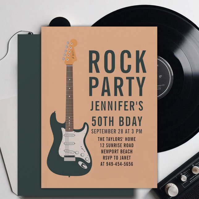 Rock Party Guitar Peach Adult Modern Fun Birthday Invitation (music musician rock adult birthday party invitation women modern fun black electric guitar peach)