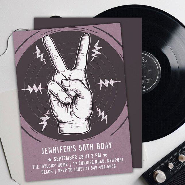 Rock Party Peace Sign Pink Adult Modern Birthday Invitation (music musician rock adult birthday party invitation men modern lavender pink peace sign drawing)