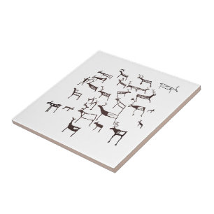 Rock Petroglyph Ancient European Deer Hunting Ceramic Tile