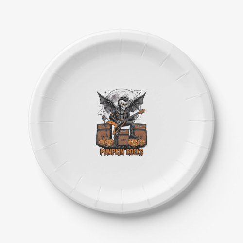 Rock Pumpkin Skull Vintage Engraving Halloween Shi Paper Plates
