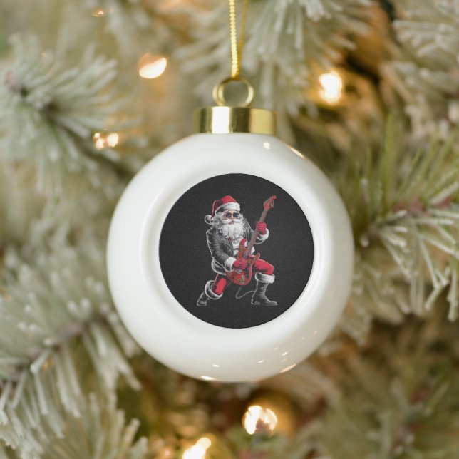 Rock & Roll Christmas Santa Claus Guitar Player Ceramic Ball Christmas Ornament (Tree)