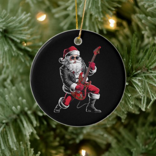 Rock  Roll Christmas Santa Claus Guitar Player Ceramic Ornament