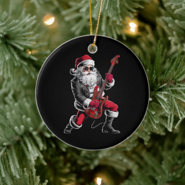 Rock & Roll Christmas Santa Claus Guitar Player Ceramic Ornament (Tree)