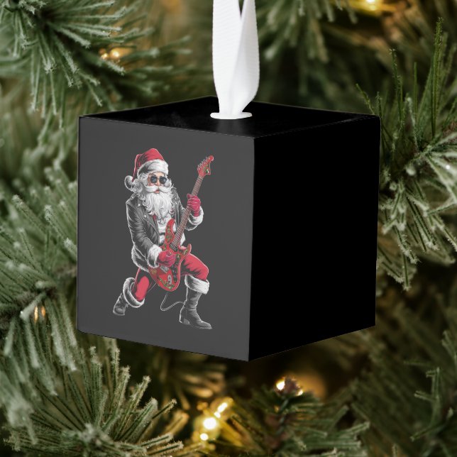 Rock & Roll Christmas Santa Claus Guitar Player Cube Ornament (Tree)