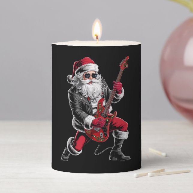 Rock & Roll Christmas Santa Claus Guitar Player Pillar Candle (In Situ)
