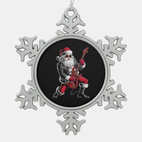 Rock  Roll Christmas Santa Claus Guitar Player Snowflake Pewter Christmas Ornament