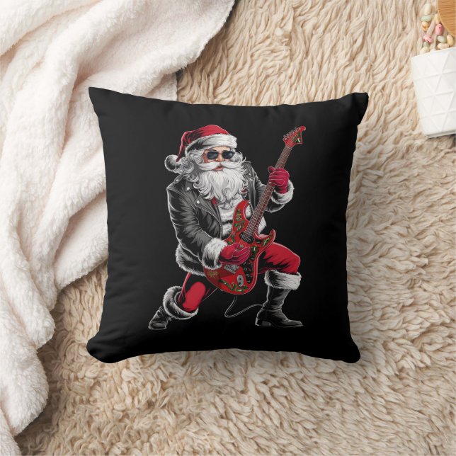 Rock & Roll Christmas Santa Claus Guitar Player Throw Pillow (Blanket)