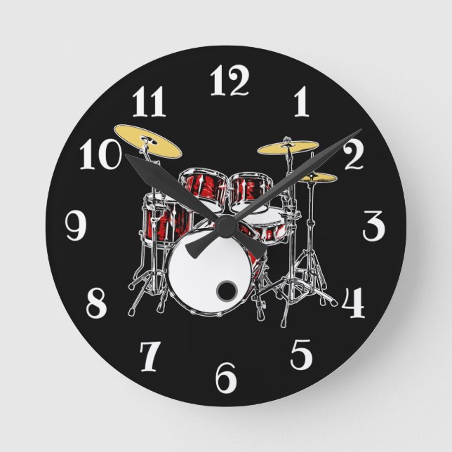 Rock & Roll Drum Kit Drummer Musician Drumming Rou Round Clock (Front)