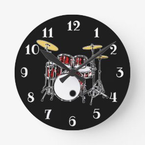 Rock & Roll Drum Kit Drummer Musician Drumming Round Clock