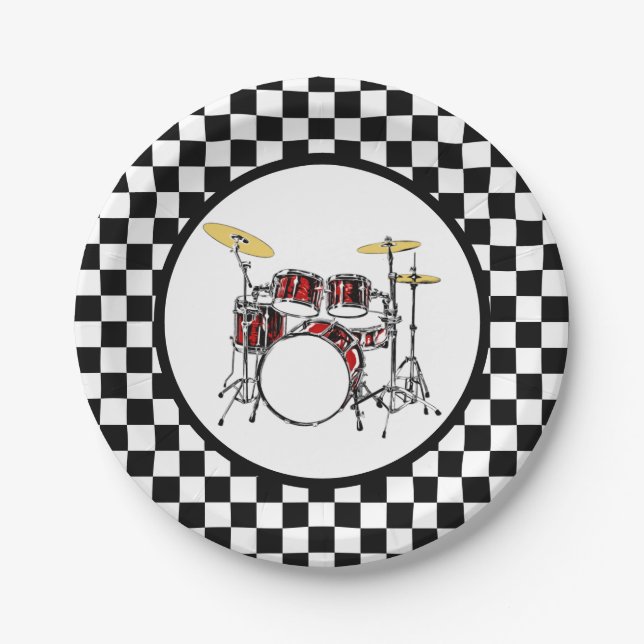 Rock & Roll Drummer Checker Drum Kit Paper Plates (Front)