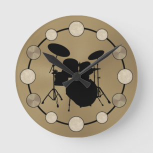 Rock & Roll Drummer Drum Kit Cymbals Musician Round Clock